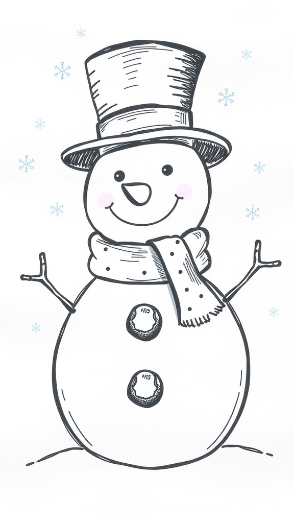 A simple drawing of a snowman with a hat and scarf, surrounded by snowflakes.